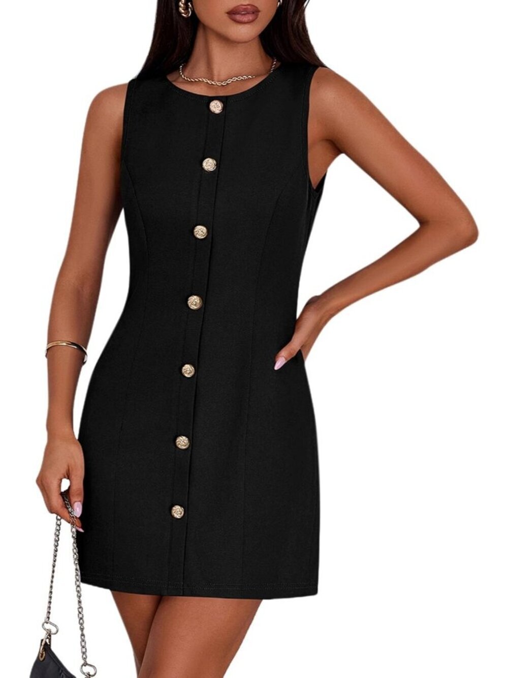 Pretty Garden Women's Black Stylish Sleeveless Button Down Elegant Mini Dress